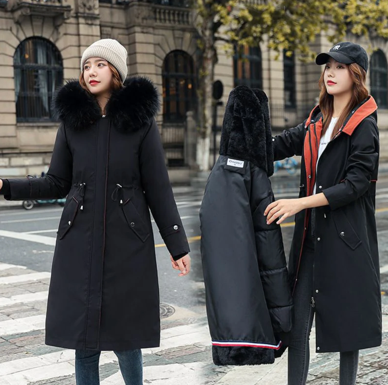 Parka informal con cuello de piel y capucha de invierno para mujer